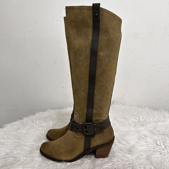 OTBT Brule Women's Sz 7M Suede Leather 17” Knee-High Boots Heel Side-Zip Buckle - Picture 1 of 10
